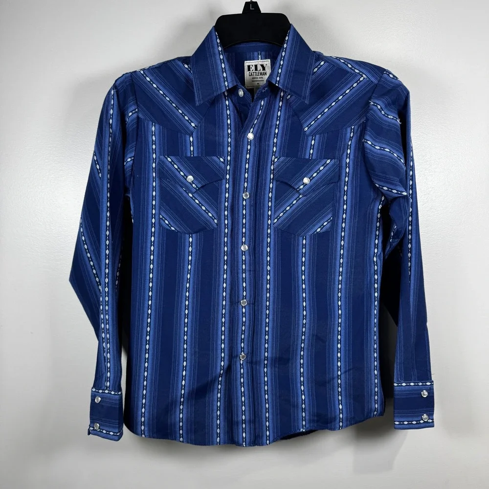 Ely Cattleman Boys M Blue Striped Western Pearl Snap Shirt Cowboy Core Rodeo